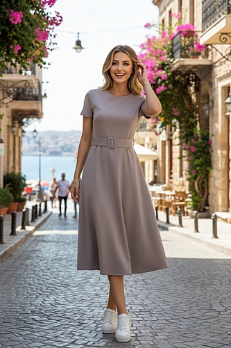 Midi Detail Φόρεμα με Ζώνη - Καφέ Πούρου