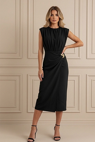 Midi Φόρεμα Ντραπέ με Αγκράφα - Μαύρο