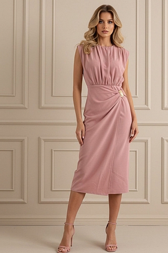 Midi Φόρεμα Ντραπέ με Αγκράφα - Ροζ Παλ