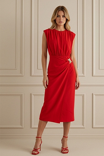 Midi Φόρεμα Ντραπέ με Αγκράφα - Κόκκινο