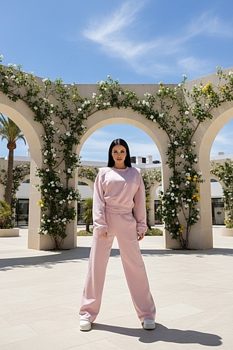 Σετ Φόρμας Παντελόνι με Λάστιχο & Μπλούζα με Βάτες - Ροζ Παλ