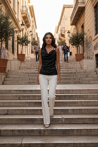 Σατέν Αμάνικο Τοπ με Ντραπέ Λαιμό & Χρυσή Λεπτομέρεια - Μαύρο