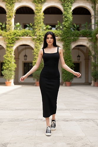 Φόρεμα Midi Bodycon με Λεπτές Τιράντες - Μαύρο