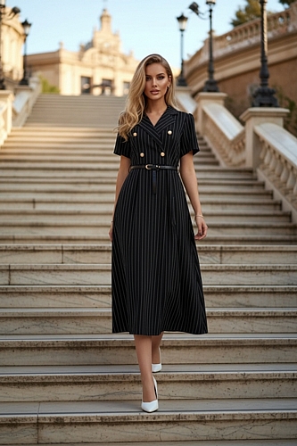 Ριγέ Midi Φόρεμα με Ζωνάκι - Μαύρο