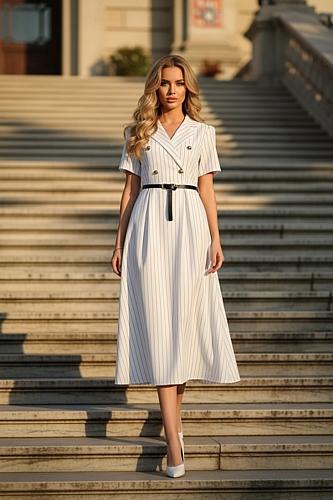 Ριγέ Midi Φόρεμα με Ζωνάκι - Λευκό