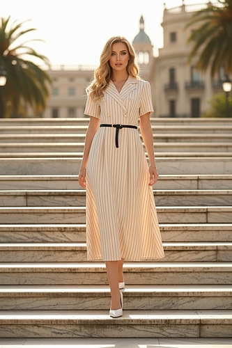Ριγέ Midi Φόρεμα με Ζωνάκι - Μπεζ