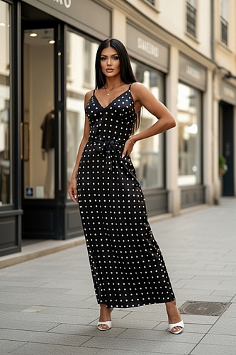 Μάξι πουά φόρεμα - Μαύρο