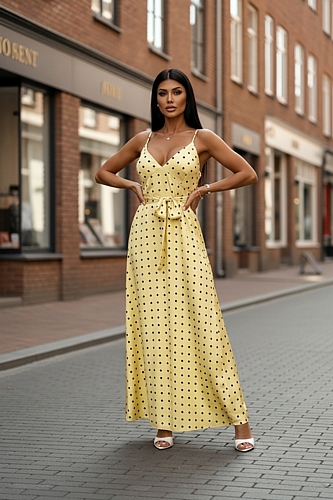Μάξι πουά φόρεμα - Κίτρινο