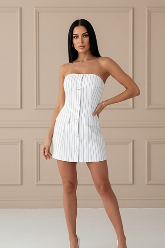 Ριγέ Στράπλες Μίνι Φόρεμα με Κουμπιά & Διακοσμητικές Τσέπες - Λευκό