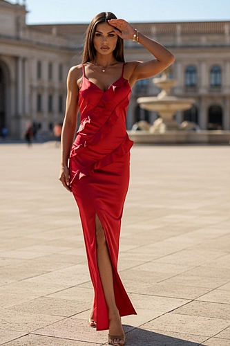 Maxi Σατέν Φόρεμα με Βολάν & Σκίσιμο - Κόκκινο