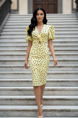 Midi Πουά Φόρεμα με Puff Μανίκια - Κίτρινο