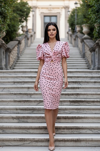 Midi Πουά Φόρεμα με Puff Μανίκια - Ροζ