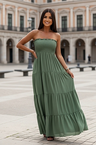 Maxi Φόρεμα Boho Style με Βολάν - Λαδί