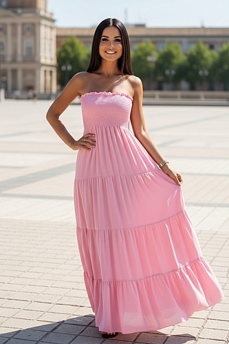 Maxi Φόρεμα Boho Style με Βολάν - Ροζ