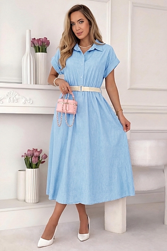 Midi φόρεμα με ζώνη σε A γραμμή - Γαλάζιο