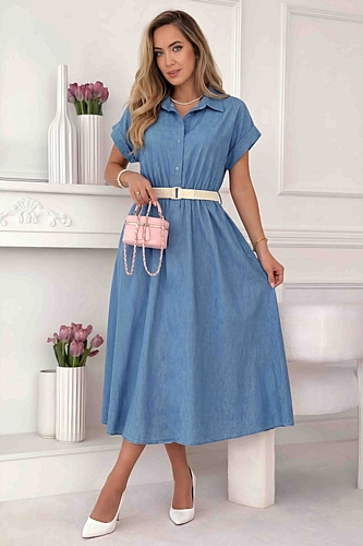 Midi φόρεμα με ζώνη σε A γραμμή - Μπλε