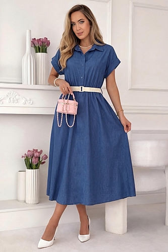 Midi φόρεμα με ζώνη σε A γραμμή - Μπλε ραφ