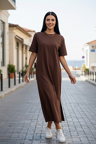 Μακρύ Φόρεμα T-Shirt με Σχισίματα - Καφέ
