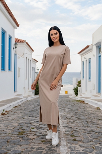 Μακρύ Φόρεμα T-Shirt με Σχισίματα - Μπεζ
