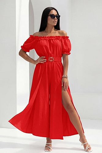 Jumpsuit off shoulder με Σκίσιμο - Κόκκινο