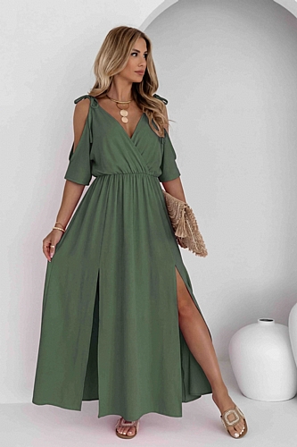 Φόρεμα maxi σε χακί χρώμα με άνοιγμα στους ώμους και σκισίματα στο κάτω μέρος. - Χακί