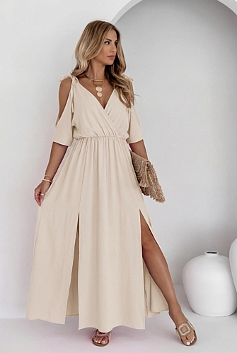 Φόρεμα maxi σε μπεζ χρώμα με άνοιγμα στους ώμους και σκισίματα στο κάτω μέρος. - Κίτρινο