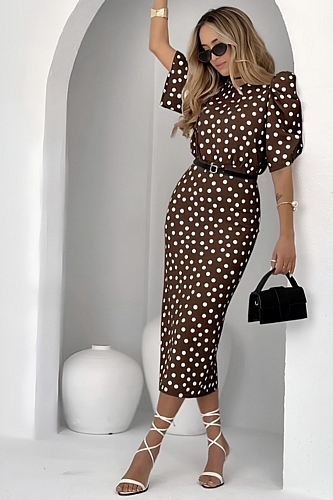 Midi Φόρεμα Πουά με ζωνάκι - Καφέ