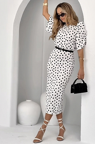 Midi Φόρεμα Πουά με ζωνάκι - Λευκό