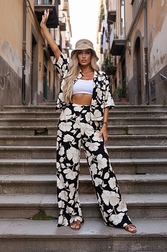 Σετ Πουκάμισο και Παντελόνι wide-leg φλοράλ - Μαύρο