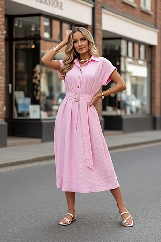 Μίντι Σεμιζιέ Φόρεμα με Ζώνη - Ροζ