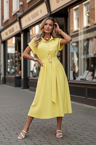Μίντι Σεμιζιέ Φόρεμα με Ζώνη - Κίτρινο