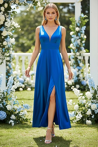 Σατέν Μάξι Φόρεμα με Βαθύ Ντεκολτέ & Σκίσιμο - Μπλε Ρουά