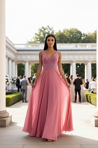 Αέρινο Maxi Φόρεμα με Λαμπερή Λαιμόκοψη - Ροζ