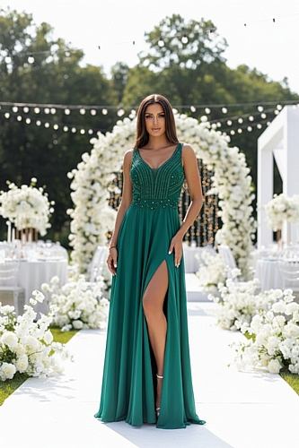 Αέρινο Maxi Φόρεμα με Λαμπερή Λαιμόκοψη - Κυπαρισσί