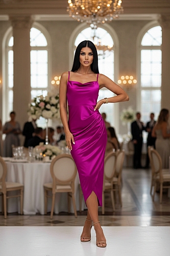 Midi Σατέν Φόρεμα Ντραπέ με Σκίσιμο - Ματζέντα