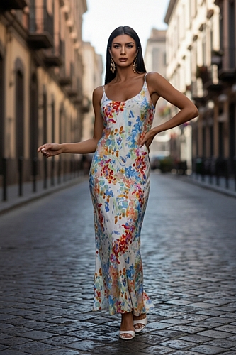 Maxi Φόρεμα Σατινέ Floral - Γαλάζιο