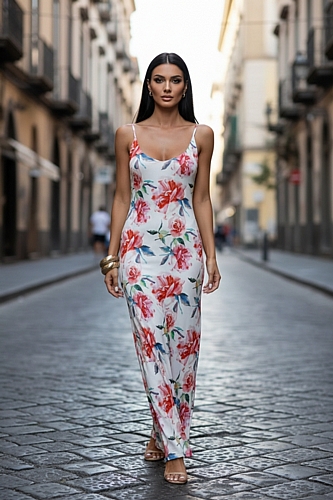 Maxi Φόρεμα Σατινέ Floral - Λευκό