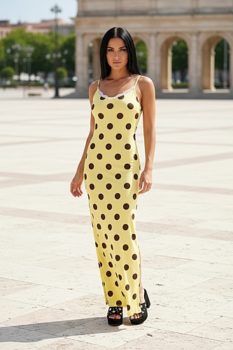 Maxi Φόρεμα Τιραντέ Πουά - Κίτρινο