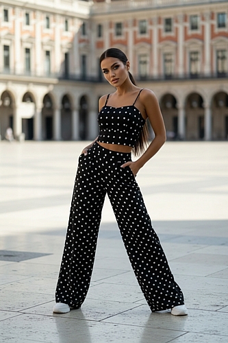 Σετ Παντελόνι Πουά & Crop Top - Μαύρο