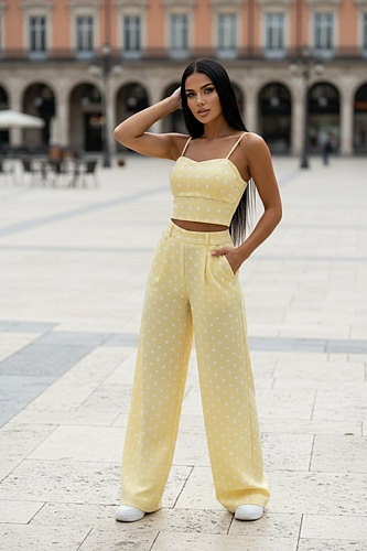 Σετ Παντελόνι Πουά & Crop Top - Κίτρινο