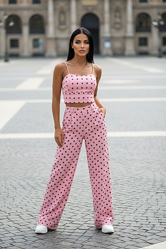 Σετ Παντελόνι Πουά & Crop Top - Ροζ
