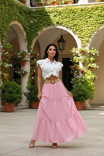 Maxi Φούστα με Ζώνη στη Μέση - Ροζ