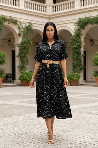 Midi Λεπτό Πουά Φόρεμα με Ζώνη - Μαύρο