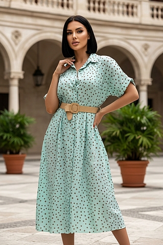 Midi Λεπτό Πουά Φόρεμα με Ζώνη - Βεραμαν