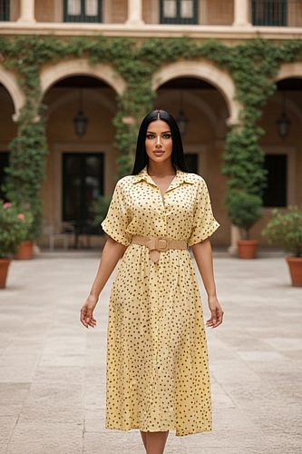 Midi Λεπτό Πουά Φόρεμα με Ζώνη - Κίτρινο