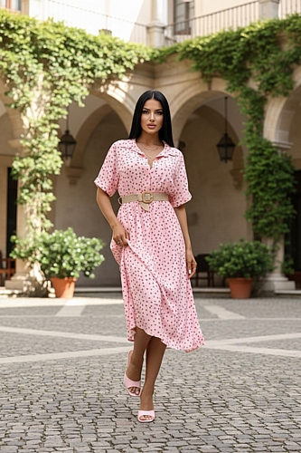 Midi Λεπτό Πουά Φόρεμα με Ζώνη - Ροζ