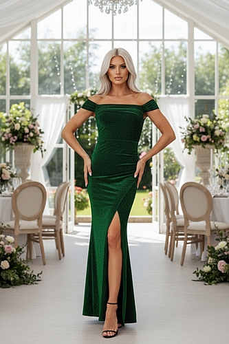 Φόρεμα Maxi Lurex με Εξω Ωμους - Κυπαρισσί